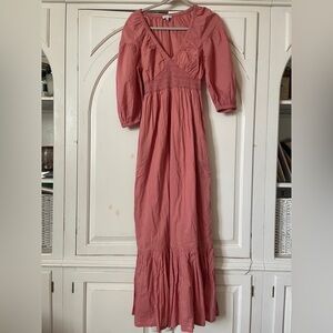 Patron’s of peace women’s peach maxi 3/4 sleeve v-neck smocked ruffle dress S